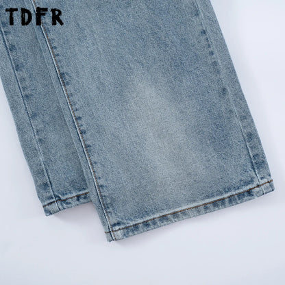 Ripped Denim Pants Mens Washed Distressed Retro Streetwear Baggy Straight Wide Leg Jeans Men
