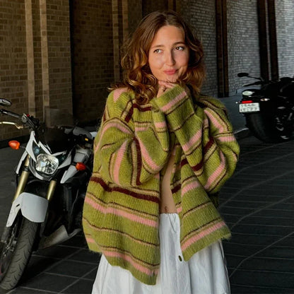 Elegant Stripe V Neck Women Sweater Single Breasted Loose Knitted Lady Cardigan 2024 Autumn Elegant Full Sleeve Female Coat