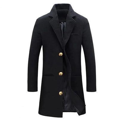 Woolen Coat Men Jacket Elegant Men's Woolen Coat with Lapel Pockets Single Breasted Long Sleeve Jacket Solid Color for Winter