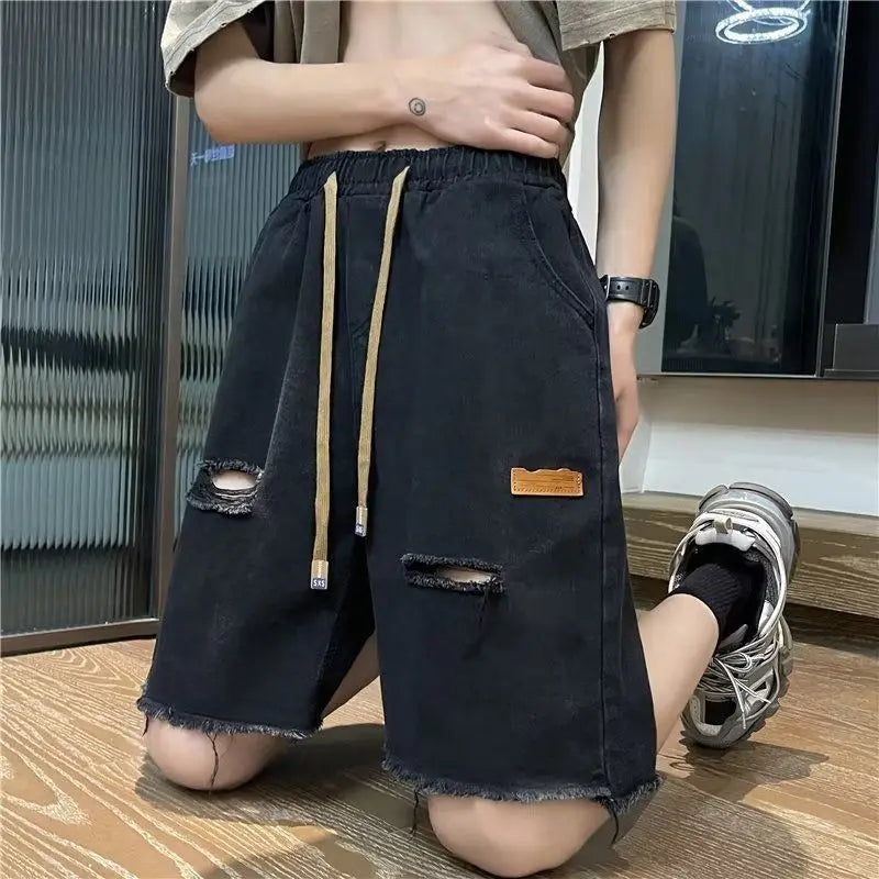 Ripped Denim Shorts Men's Breasted Five-point Design Sense High Street Beggar Medium Pants