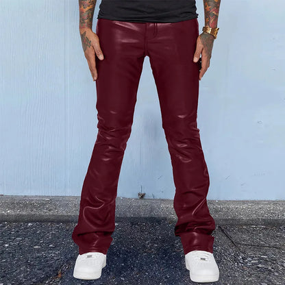Leather Pants Men Long Pant Solid Mid Waist Casual Regular Pleated Splice Straight Trousers Button Pocket Autumn Winter