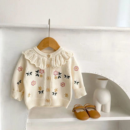 Baby knitwear embroidered flower coat girl baby sweater 100% cotton lace round neck spring baby cardigan