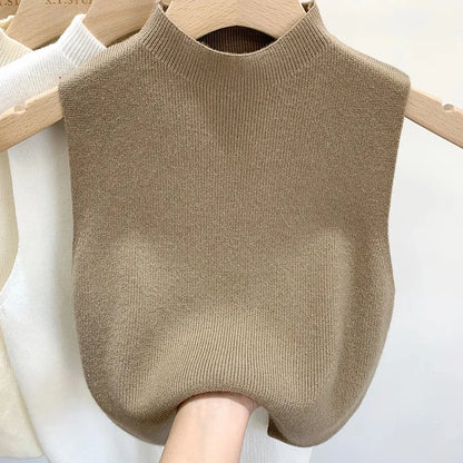 Spring Autumn Temperament Knitted Sweater Vest Women's Half-turtleneck Camisole Cropped Top Sleeveless Tank Top