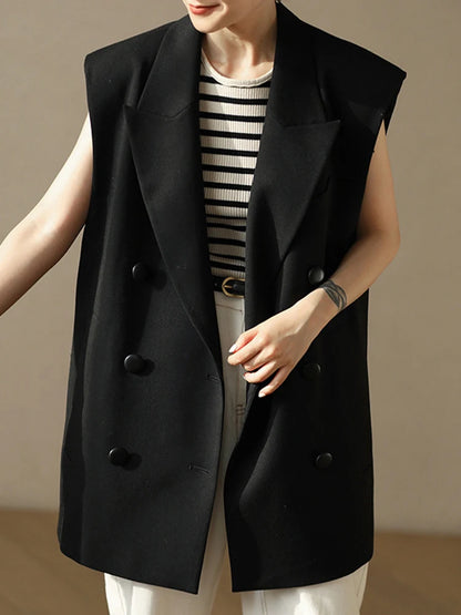 [LANMREM] Office Lady Vest For Women Solid Double Breasted Sleeveless Loose Jackets Fashion Coats 2025 Autumn New 26D9413