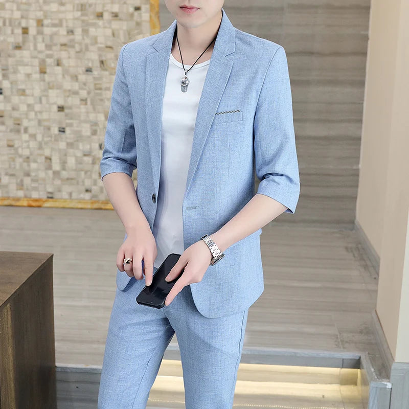 Fashionable Men's Suit Set Spring Summer Solid Color Trendy Comfortable Slim Fit One-button Suit [3/4 Sleeve Jacket + Trousers]