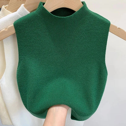 Spring Autumn Temperament Knitted Sweater Vest Women's Half-turtleneck Camisole Cropped Top Sleeveless Tank Top