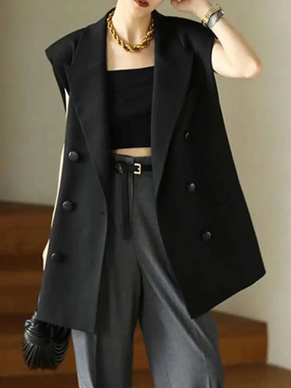 [LANMREM] Office Lady Vest For Women Solid Double Breasted Sleeveless Loose Jackets Fashion Coats 2025 Autumn New 26D9413