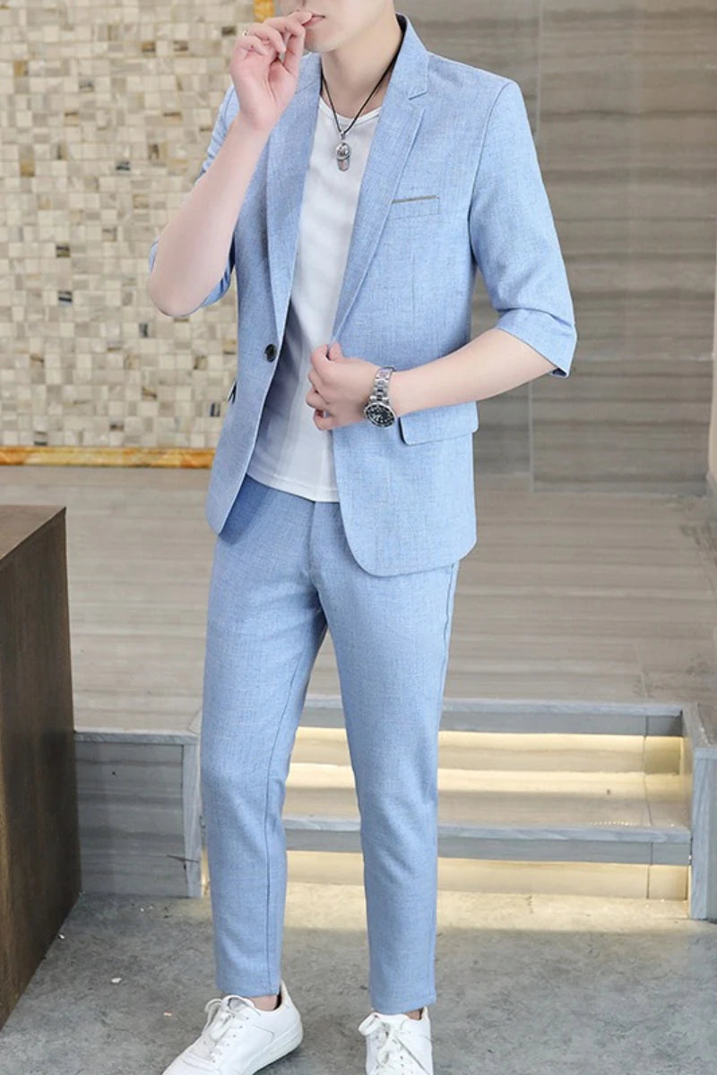 Fashionable Men's Suit Set Spring Summer Solid Color Trendy Comfortable Slim Fit One-button Suit [3/4 Sleeve Jacket + Trousers]