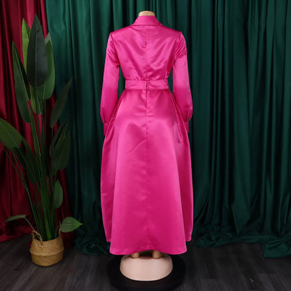 Elegant Party Dresses for Woman Turn Down Collar Single Breasted High Waisted Pleated Mid Calf Luxury Dinner Night Dress Gowns