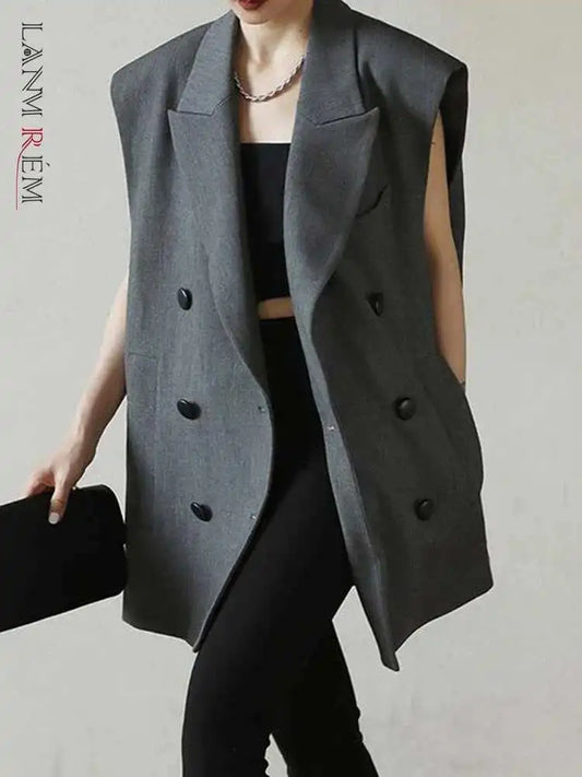 [LANMREM] Office Lady Vest For Women Solid Double Breasted Sleeveless Loose Jackets Fashion Coats 2025 Autumn New 26D9413