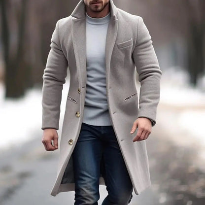 Woolen Coat Men Jacket Elegant Men's Woolen Coat with Lapel Pockets Single Breasted Long Sleeve Jacket Solid Color for Winter