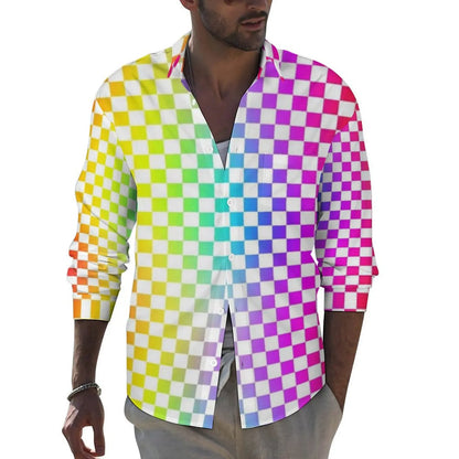Black Checkerboard Shirt Men Classic Black and White Checker Casual Shirts Autumn Blouses Long Sleeve Fashion Oversized Clothing
