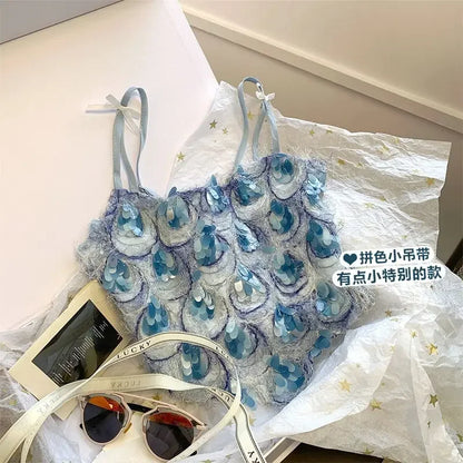 Crop Top Women Korean Fashion Clothing Crochet Ropa Mujer Halter Sexy Bow Sequin Tanks Summer Clothes for  Camis T Shirt