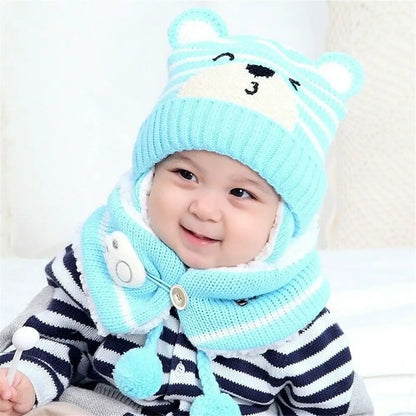 Warm Toddler Baby Winter Boys Girl Neck Scarf Baby Beanie Cap Kids Hat Scarf Set Bear Earmuff