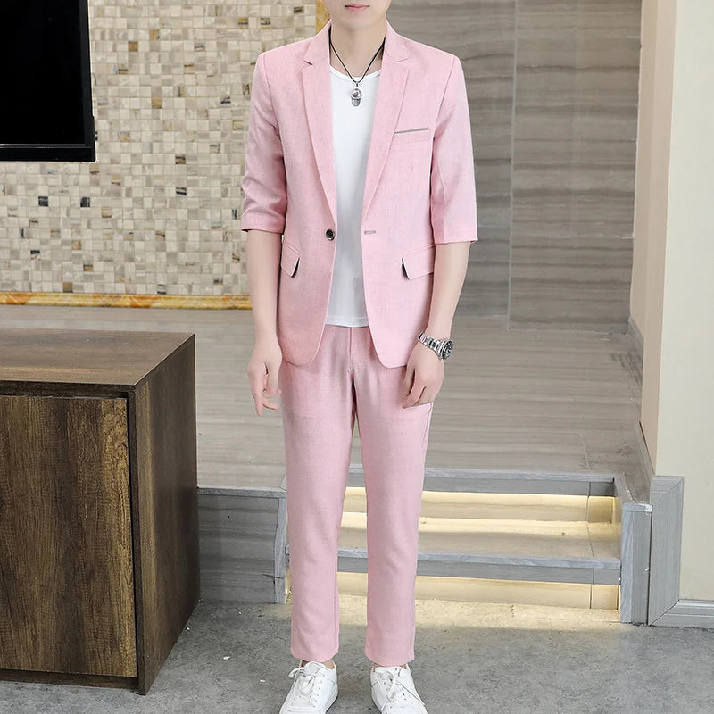 Fashionable Men's Suit Set Spring Summer Solid Color Trendy Comfortable Slim Fit One-button Suit [3/4 Sleeve Jacket + Trousers]