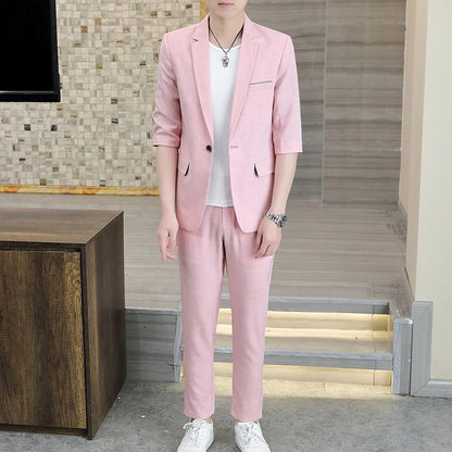 Fashionable Men's Suit Set Spring Summer Solid Color Trendy Comfortable Slim Fit One-button Suit [3/4 Sleeve Jacket + Trousers]