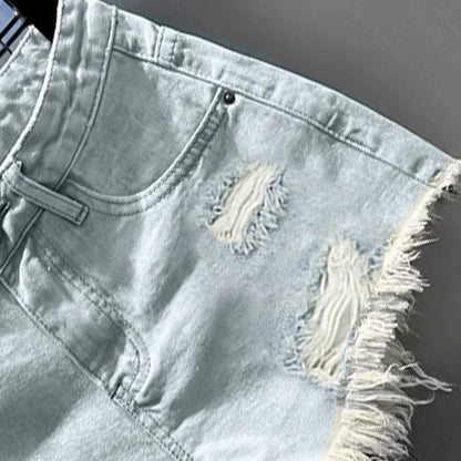 retro irregular old ripped denim shorts women's summer low waist design jeans hot pants sky blue