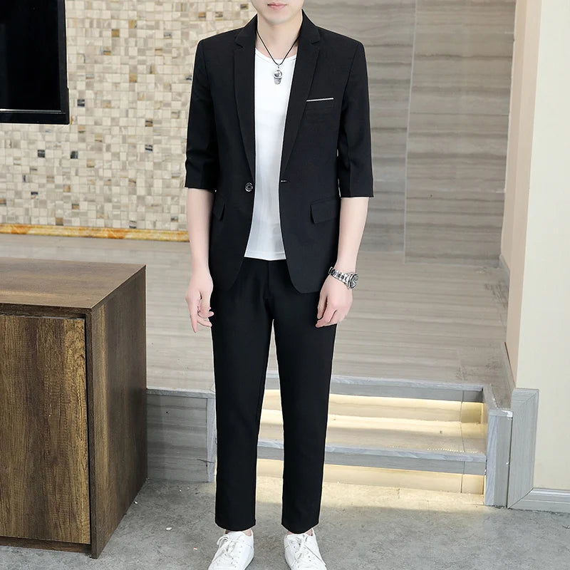 Fashionable Men's Suit Set Spring Summer Solid Color Trendy Comfortable Slim Fit One-button Suit [3/4 Sleeve Jacket + Trousers]