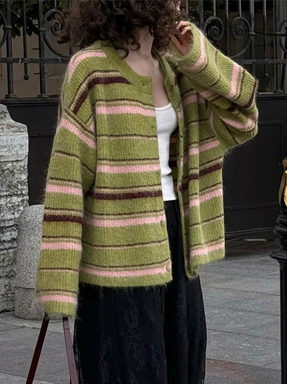 Elegant Stripe V Neck Women Sweater Single Breasted Loose Knitted Lady Cardigan 2024 Autumn Elegant Full Sleeve Female Coat