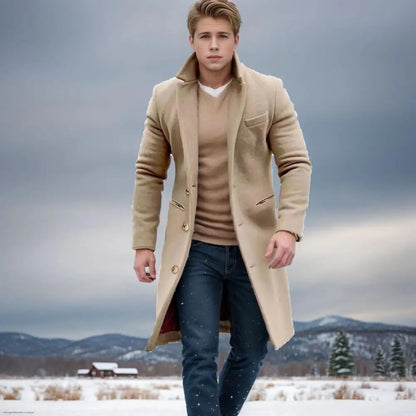 Woolen Coat Men Jacket Elegant Men's Woolen Coat with Lapel Pockets Single Breasted Long Sleeve Jacket Solid Color for Winter