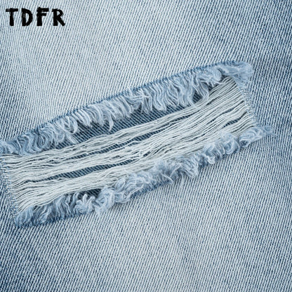 Ripped Denim Pants Mens Washed Distressed Retro Streetwear Baggy Straight Wide Leg Jeans Men