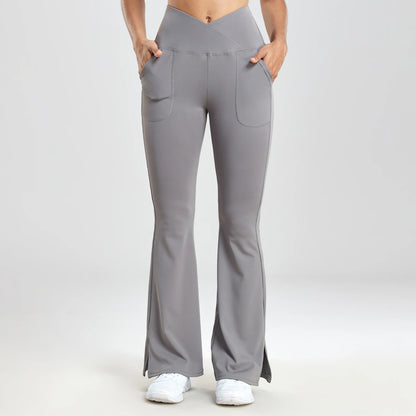 Women Casual Solid V-Waist Pocket Side Vent  Flared Leggings Slim Fit  Fashion Streetwear Lady Pants