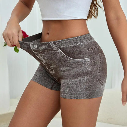 Women Shorts High Stretchy Imitation Denim Short Leggings with Pockets Tight Fitting Summer Shorts Daily Wear