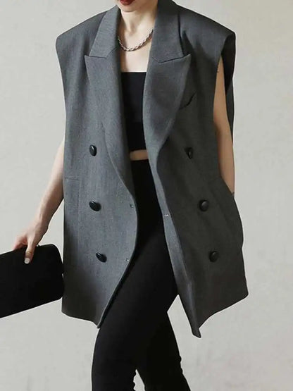 [LANMREM] Office Lady Vest For Women Solid Double Breasted Sleeveless Loose Jackets Fashion Coats 2025 Autumn New 26D9413