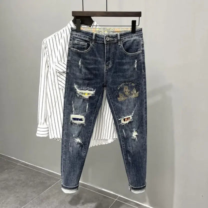 Tapered Jeans for Men Ripped Black Trousers with Holes Torn Man Cowboy Pants Broken Classic Clothes Y2k 2000s High Quality Kpop