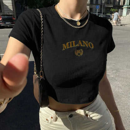 2024 New Women Cropped Top T-shirts Summer Fashion Embroidery Letter O-Neck Green Tees Slim Simple Basic Versatile Cropped Top