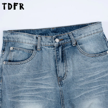Ripped Denim Pants Mens Washed Distressed Retro Streetwear Baggy Straight Wide Leg Jeans Men