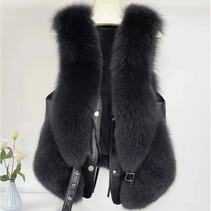 2025 Autumn Winter Women Vest Short Style Splicing Solid Color Fur Coat New