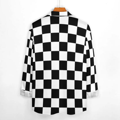 Black Checkerboard Shirt Men Classic Black and White Checker Casual Shirts Autumn Blouses Long Sleeve Fashion Oversized Clothing