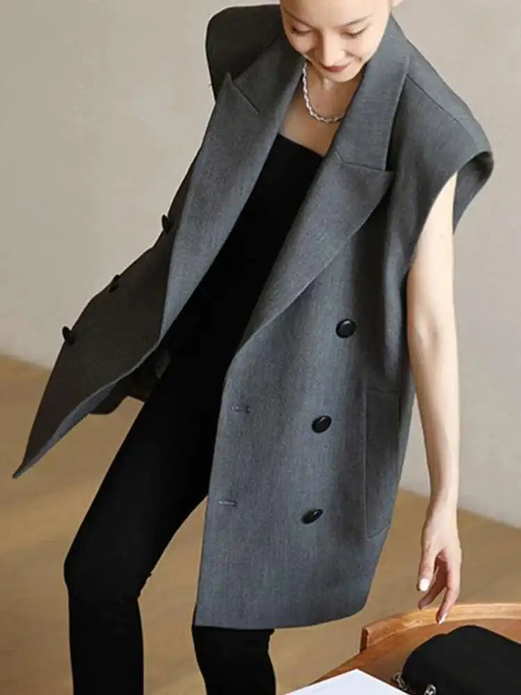 [LANMREM] Office Lady Vest For Women Solid Double Breasted Sleeveless Loose Jackets Fashion Coats 2025 Autumn New 26D9413