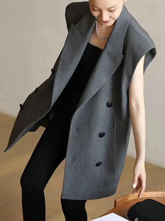 [LANMREM] Office Lady Vest For Women Solid Double Breasted Sleeveless Loose Jackets Fashion Coats 2025 Autumn New 26D9413