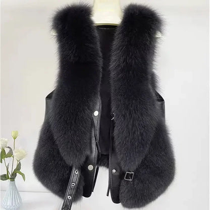 2025 Autumn Winter Women Vest Short Style Splicing Solid Color Fur Coat New