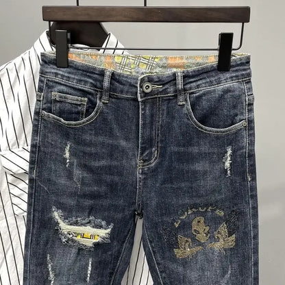 Tapered Jeans for Men Ripped Black Trousers with Holes Torn Man Cowboy Pants Broken Classic Clothes Y2k 2000s High Quality Kpop