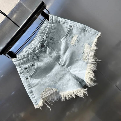 retro irregular old ripped denim shorts women's summer low waist design jeans hot pants sky blue