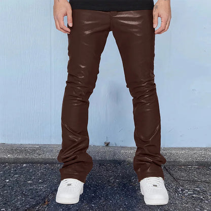 Leather Pants Men Long Pant Solid Mid Waist Casual Regular Pleated Splice Straight Trousers Button Pocket Autumn Winter