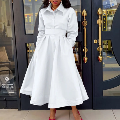 Elegant Party Dresses for Woman Turn Down Collar Single Breasted High Waisted Pleated Mid Calf Luxury Dinner Night Dress Gowns