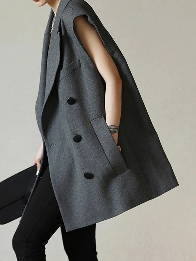 [LANMREM] Office Lady Vest For Women Solid Double Breasted Sleeveless Loose Jackets Fashion Coats 2025 Autumn New 26D9413