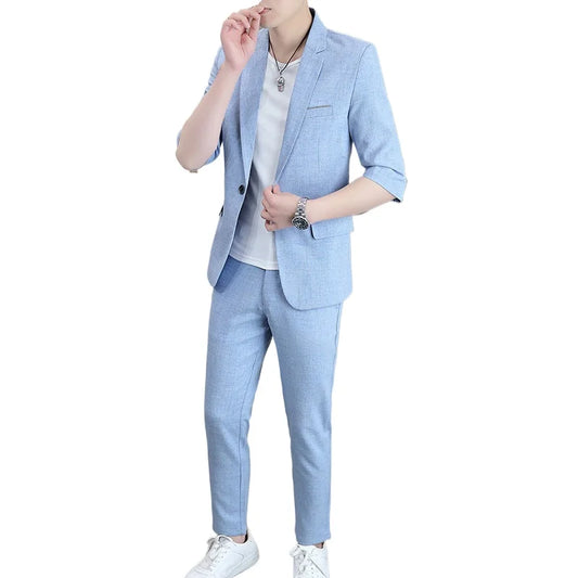Fashionable Men's Suit Set Spring Summer Solid Color Trendy Comfortable Slim Fit One-button Suit [3/4 Sleeve Jacket + Trousers]