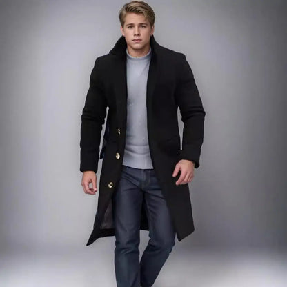 Woolen Coat Men Jacket Elegant Men's Woolen Coat with Lapel Pockets Single Breasted Long Sleeve Jacket Solid Color for Winter