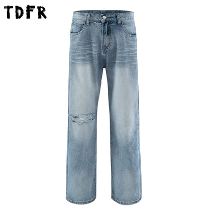 Ripped Denim Pants Mens Washed Distressed Retro Streetwear Baggy Straight Wide Leg Jeans Men
