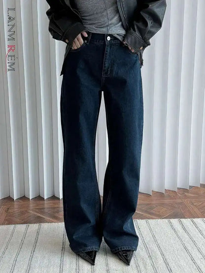 [LANMREM] Office Lady Jeans For Women High Waist Straight Dark Blue Fit Denim Pants Fashion Trousers 2025 Autumn New 26C859