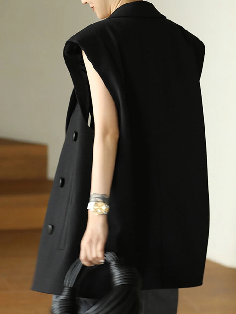 [LANMREM] Office Lady Vest For Women Solid Double Breasted Sleeveless Loose Jackets Fashion Coats 2025 Autumn New 26D9413