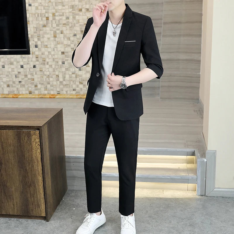 Fashionable Men's Suit Set Spring Summer Solid Color Trendy Comfortable Slim Fit One-button Suit [3/4 Sleeve Jacket + Trousers]