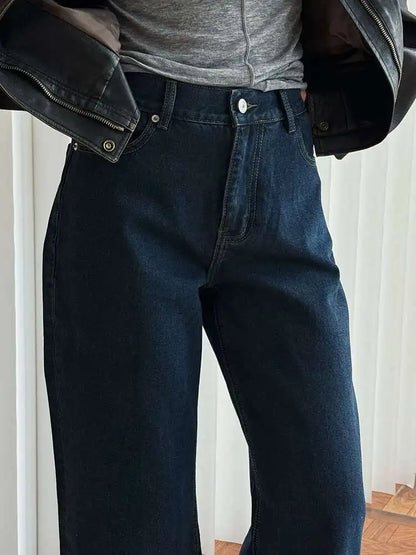 [LANMREM] Office Lady Jeans For Women High Waist Straight Dark Blue Fit Denim Pants Fashion Trousers 2025 Autumn New 26C859