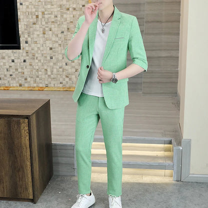 Fashionable Men's Suit Set Spring Summer Solid Color Trendy Comfortable Slim Fit One-button Suit [3/4 Sleeve Jacket + Trousers]