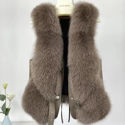 2025 Autumn Winter Women Vest Short Style Splicing Solid Color Fur Coat New
